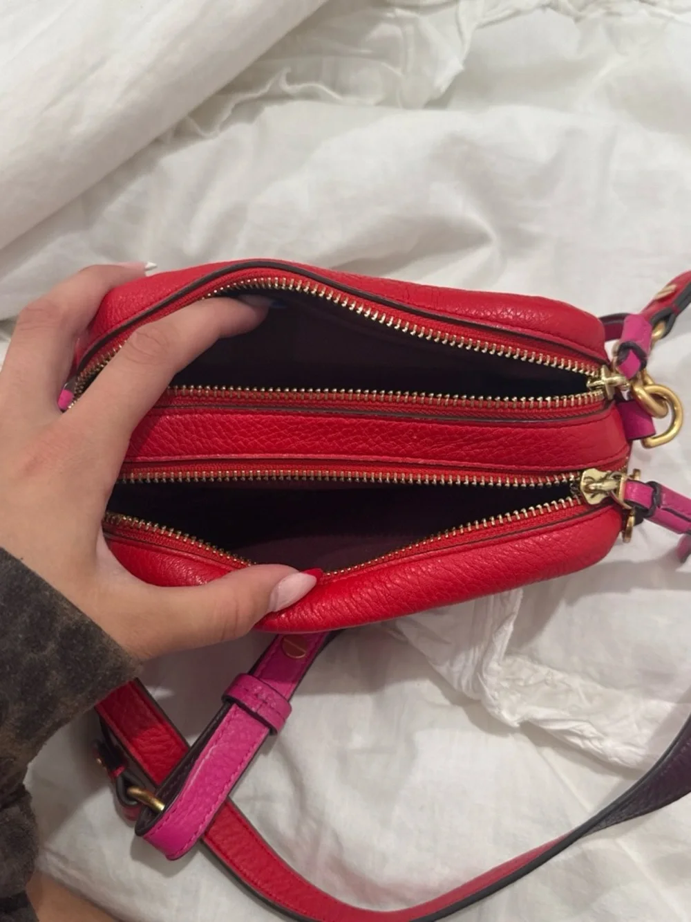 Tory Burch Pink and Red Leather Crossbody with Heart Appliqué